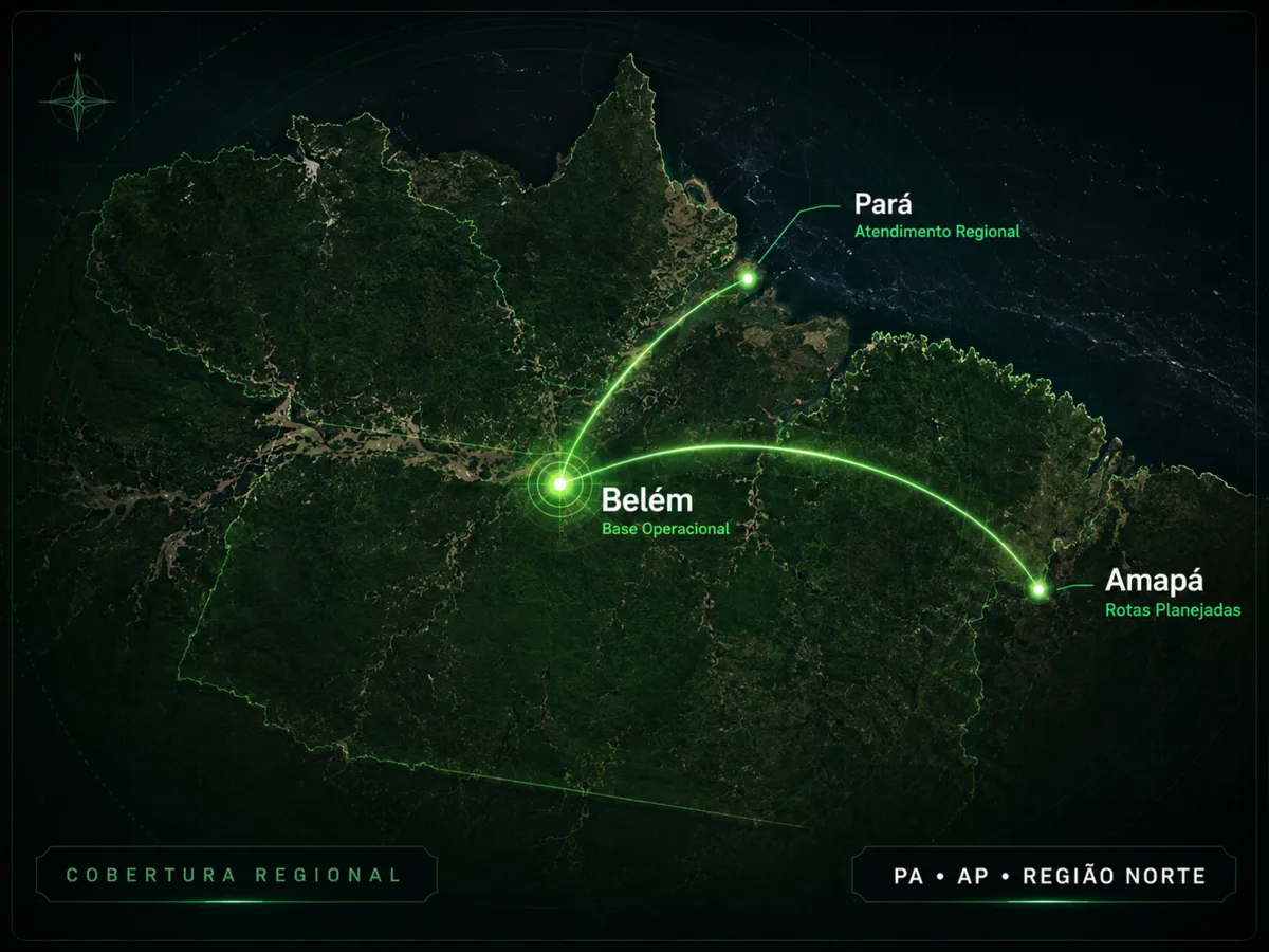 Mapa de atuação da Carga Rápida mostrando Belém como base operacional e cobertura no Pará, Amapá e Região Norte
